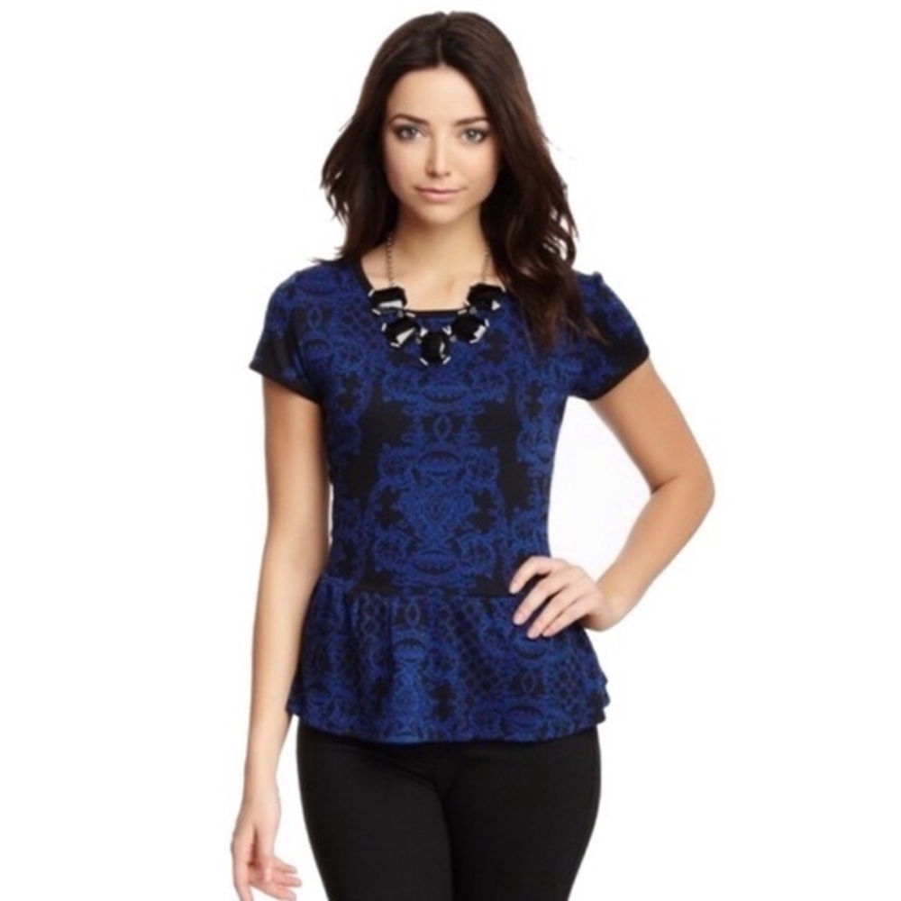 Romeo + Juliet Couture Cobalt Peplum Pattern Top Size Medium